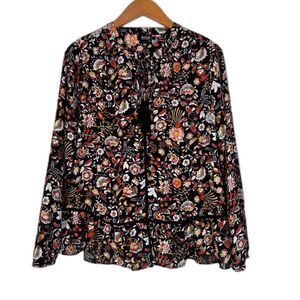 ANA Bold Black Maximal Floral Tie Neck Long Sleeve Peasant Boho Blouse Size PL